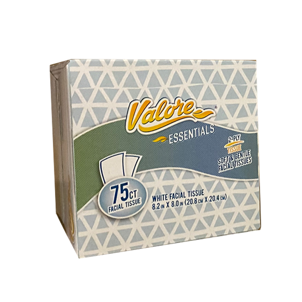 418594 Valore White 8.2"x8"  Soft & Gentle Facial Tissues 2 ply 75 Sheets 36/75 cs
