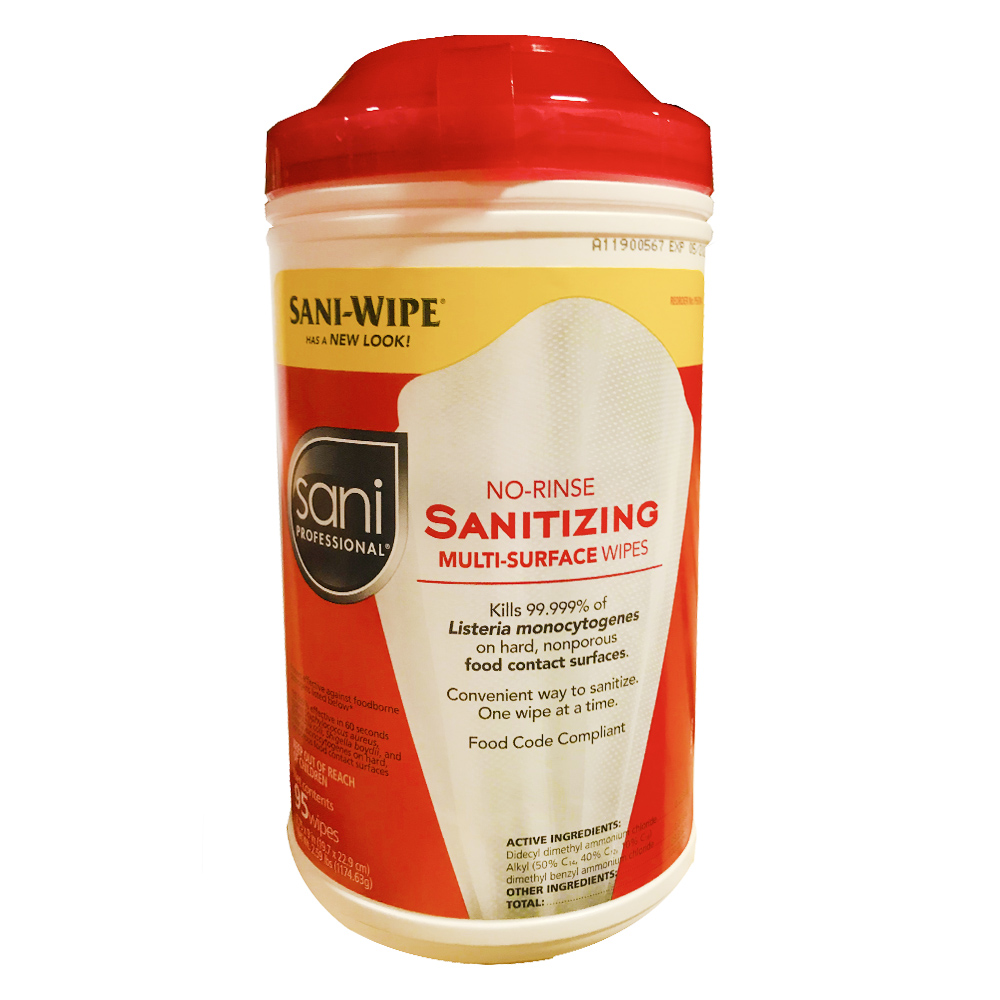 P56784 Sani Professional  White 7.75"x9" Multi Surface Sanitizing Wipe Canister 6/95 cs