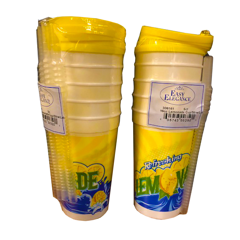 16 0Z Printed  16 oz. Plastic Lemonade Cups w/Straw & Lid Combo 30/5 cs - 16z LEMONADE CUP/STRAW/LID 5ct