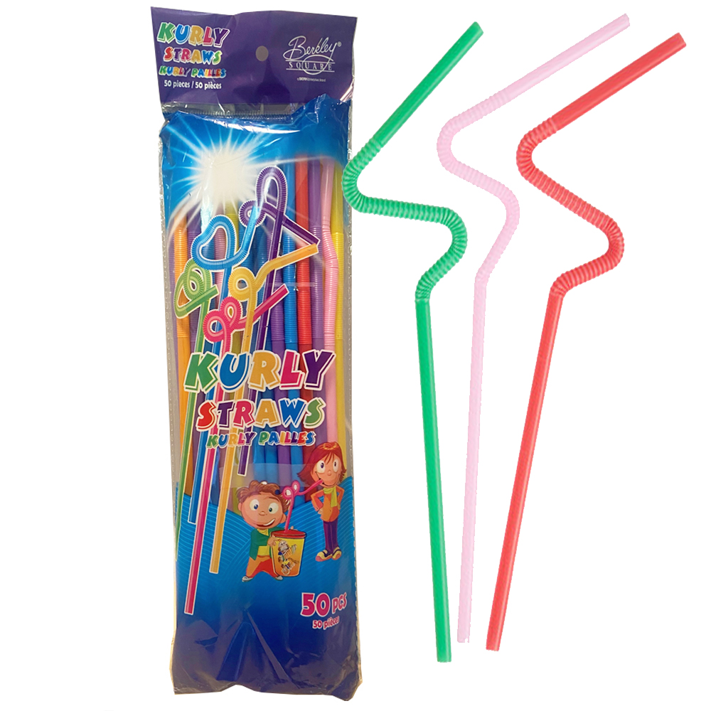 8021856 Kurly Straw 10" Assorted Colors Plastic Polybag 40/50 cs - 8021856 10" KURLY STRW Retl BG
