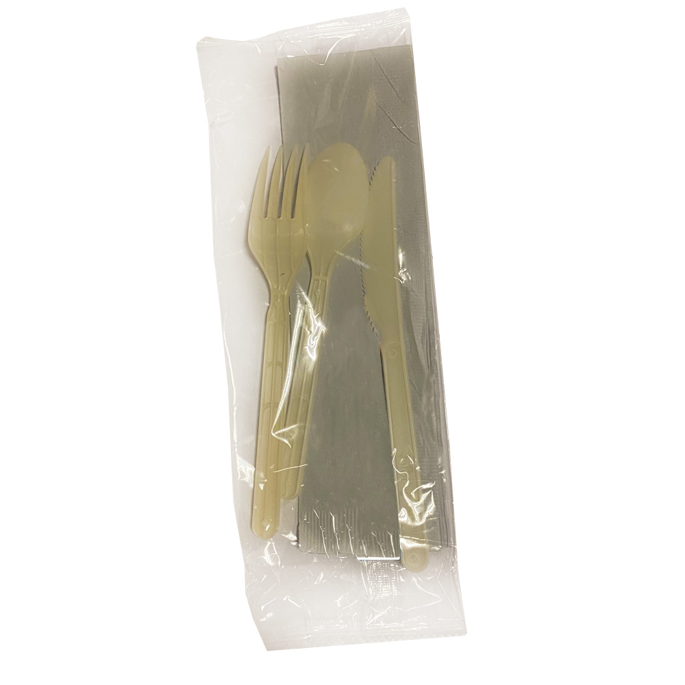 BIO-CUTKIT Wrapped Fork, Knife, Teaspoon& Napkin Meal Kit Beige Biodegradable 150/cs - BIO-CUTKIT BIODEG FK,KN,T,NAP