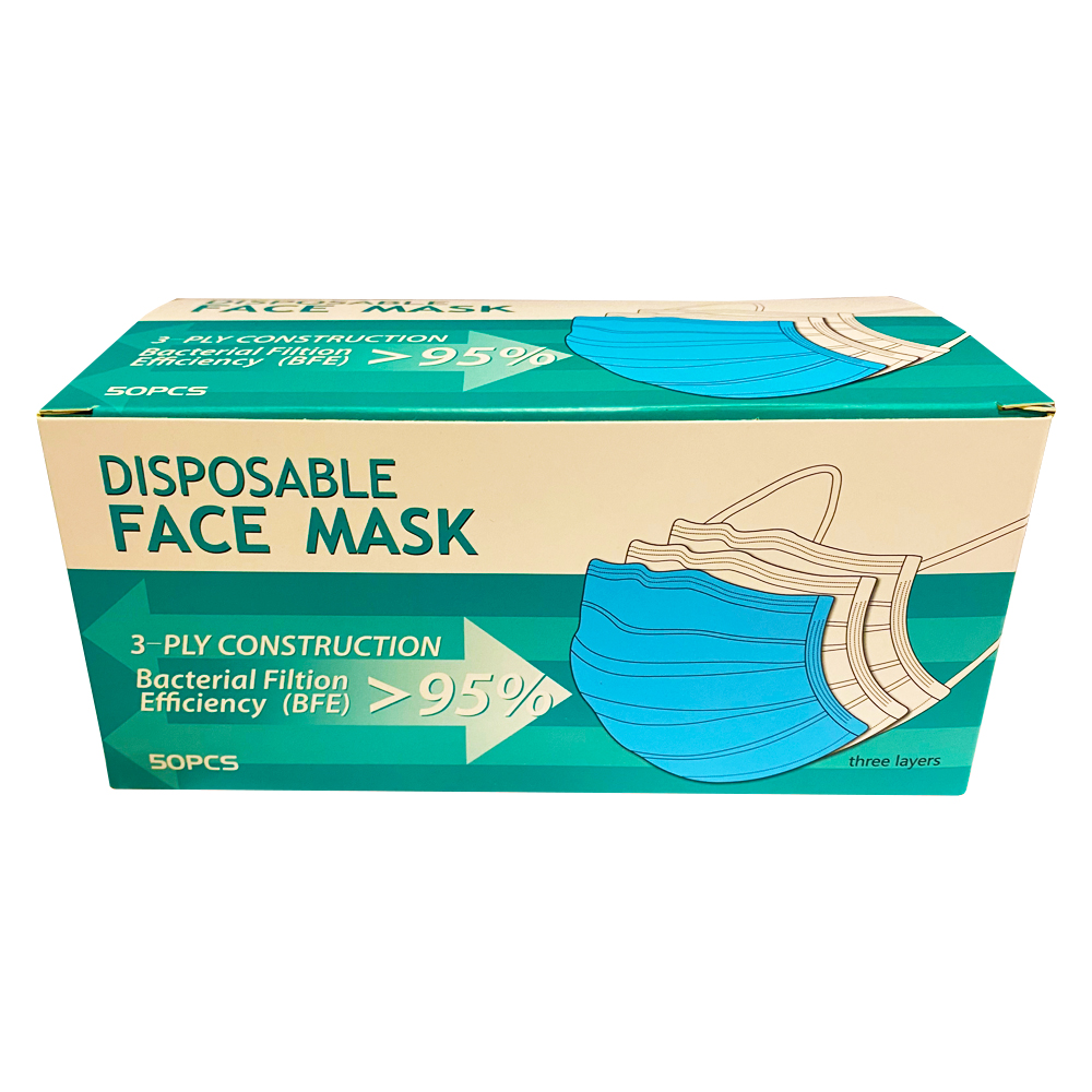 FACEMASK 3 ply 50 ct Disposable Face Mask 95%     Bacterial Filtion Efficacy 40/50 cs