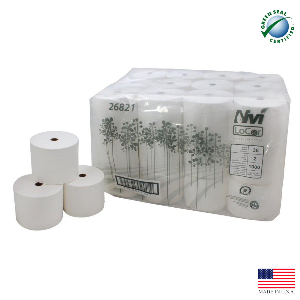26821 Locor Bathroom Tissue White 2 ply  3.85"x4.05" 1000 Sheets 36/cs - 26821 LOCOR 2PLY 1M TT 3.85x4.