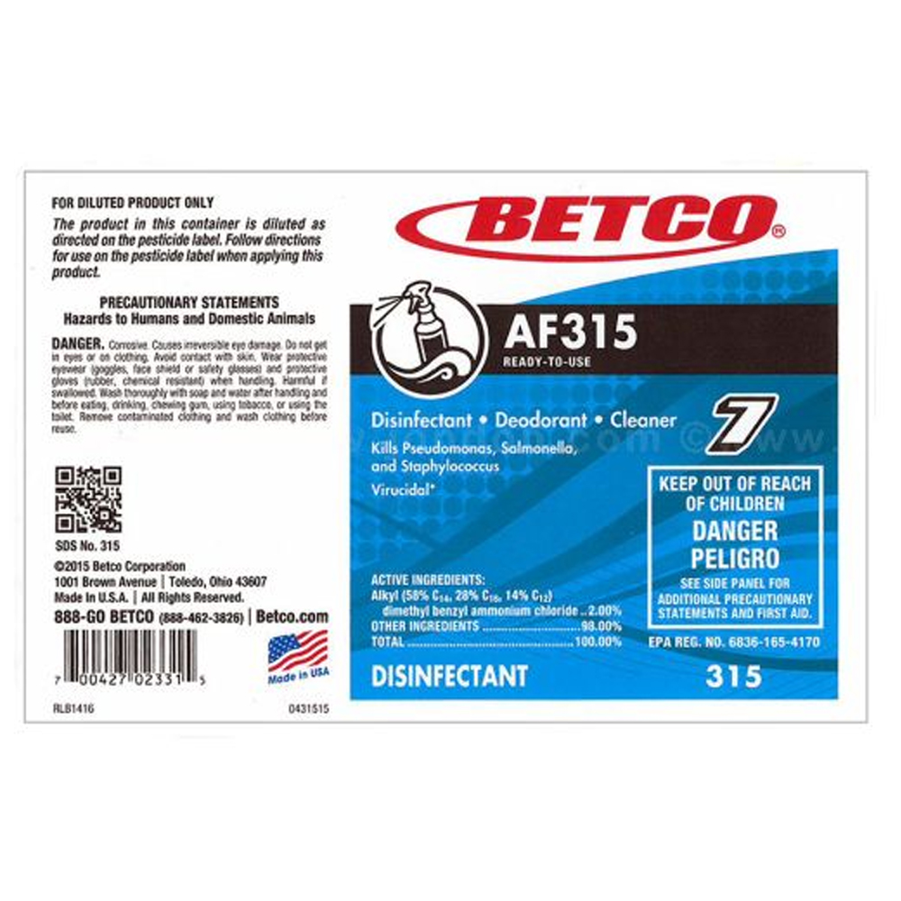 3159090 AF315 Disinfectant/Deodorant/Cleaner Label ONLY 1 ea. - 3159090 AF315 DIS/DET/DEO LABL