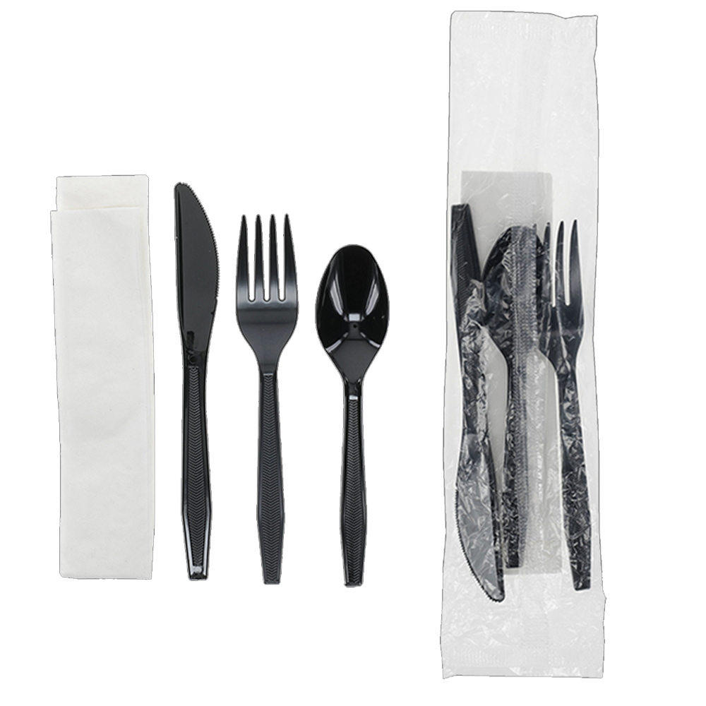 YMKFSKEN Black Medium Weight Polystyrene Fork, Knife, Spoon & Napkin Meal Kit 250/cs