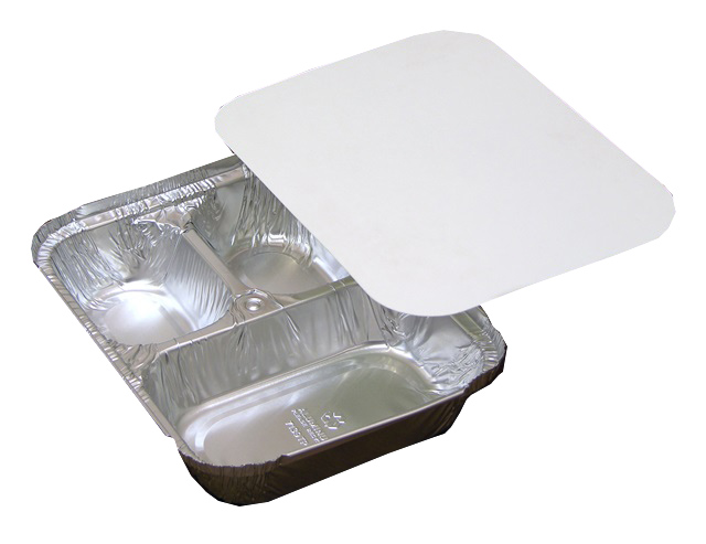 Y7139TP Aluminum 24 oz. 3 Compartment Oblong Tray w/Board Lid Combo Bulk 200/cs - Y7139TP 3CPT OBLONG TRAY COMBO