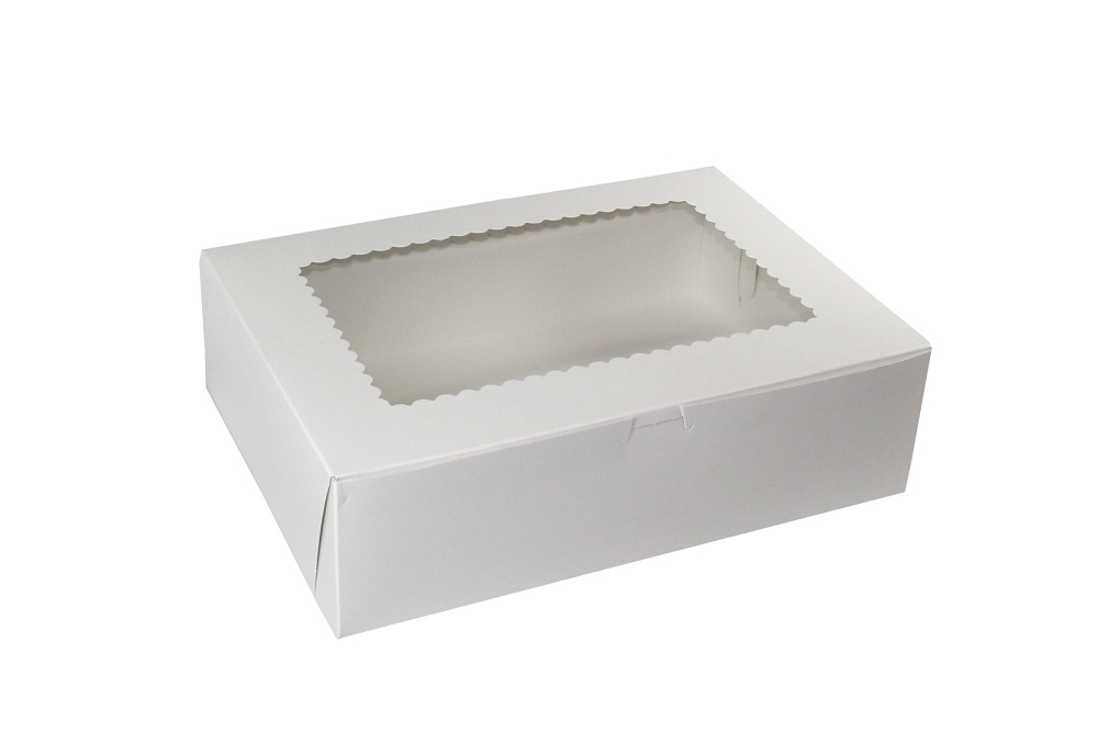 14104W Cupcake Box 14"x10"x4" White Recycled Cardboard 1 pc Window Box w/ Lock Corner 100/bd - 14104W WH 14X10X4 WIND CUPCKBX
