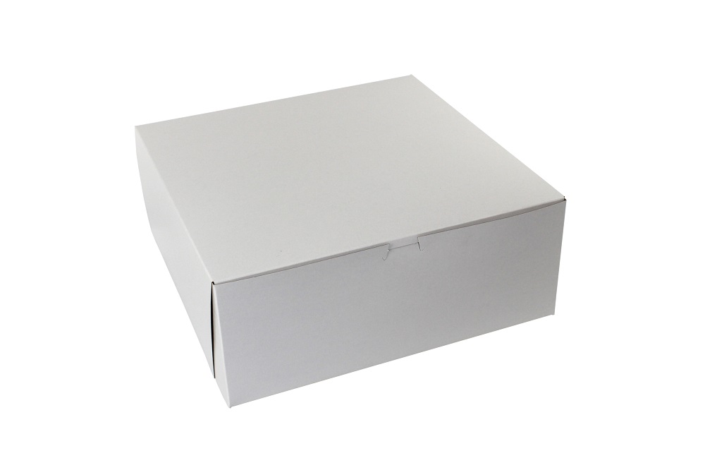 14145B-261 Cake Box 14"x14"x5.5" White Clay Coated Recycled Cardboard 1 pc Lock Corner 50/pk