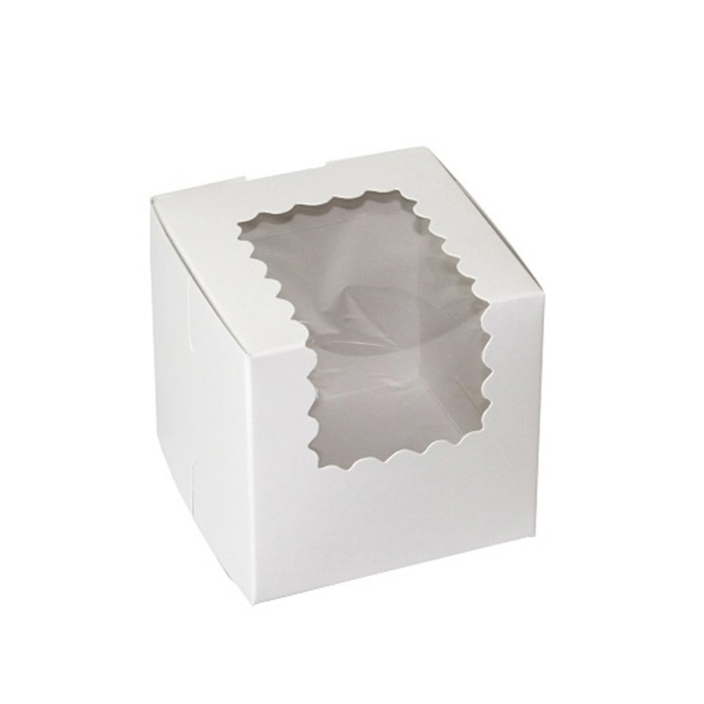 444W Cupcake Box 4"x4"x4" White Recycled Cardboard 1 pc Window Box w/ Lock Corner 100/cs