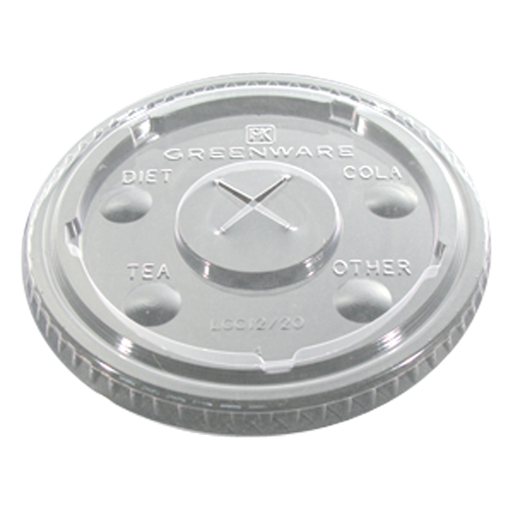 LGC1624/9509112 Greenware Clear 16/24 oz. Compostable Slotted Lid w/ID Buttons 10/100 cs - LGC1624/9509112 CL SLOT GW LID