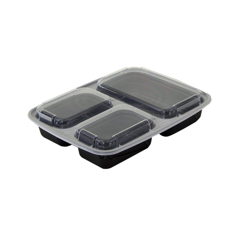 NC333B Versatainer Black 32 oz. Rectangular Plastic 3 Compartment Microwavable Container & Li