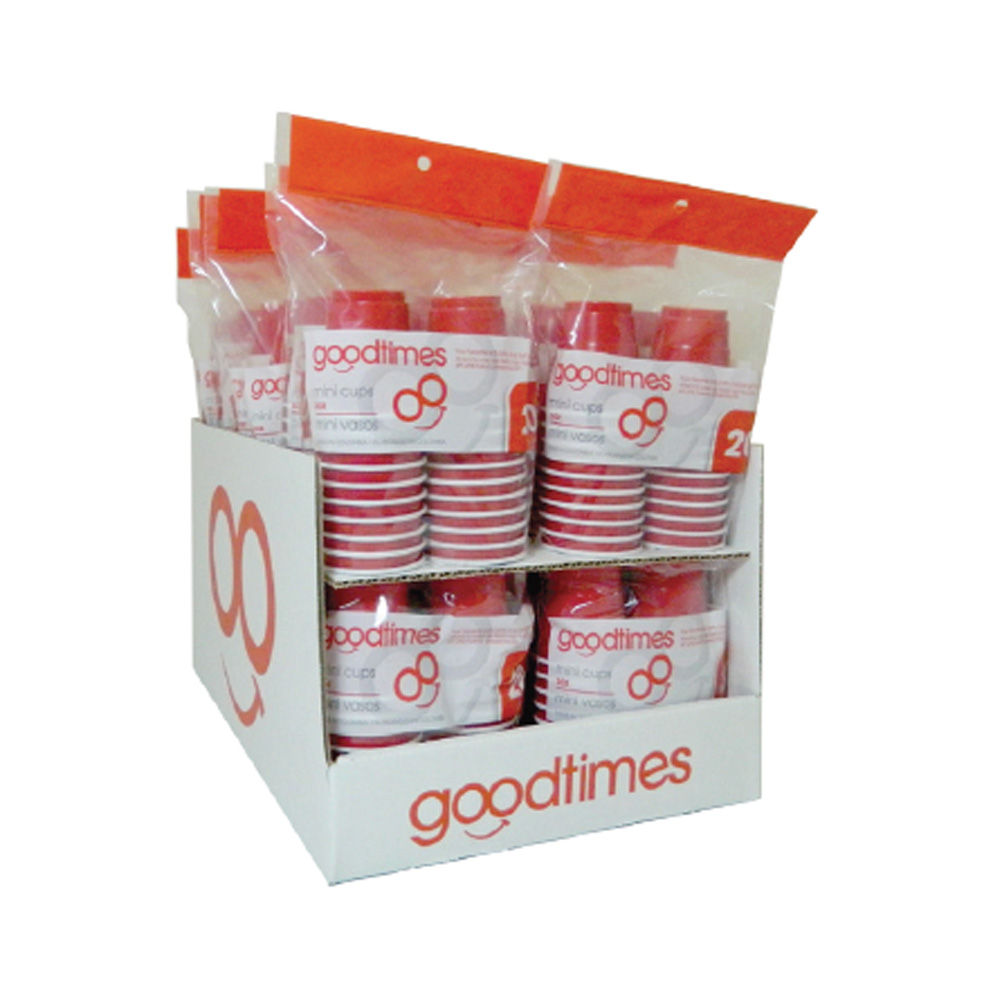 G0364-N Red 2 oz. Plastic Mini Cups - Shelf Tray 20 count 12/20 cs - G0364-N 2z RED CUP/SHELF TRAY