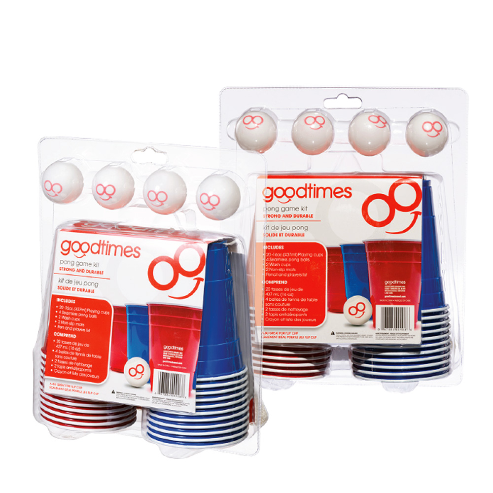 G0908 Red & Blue 16 oz. Plastic Beer Pong Kit (20 - 16 oz. Playing Cups, 4 Balls, 2 Wash Cups)