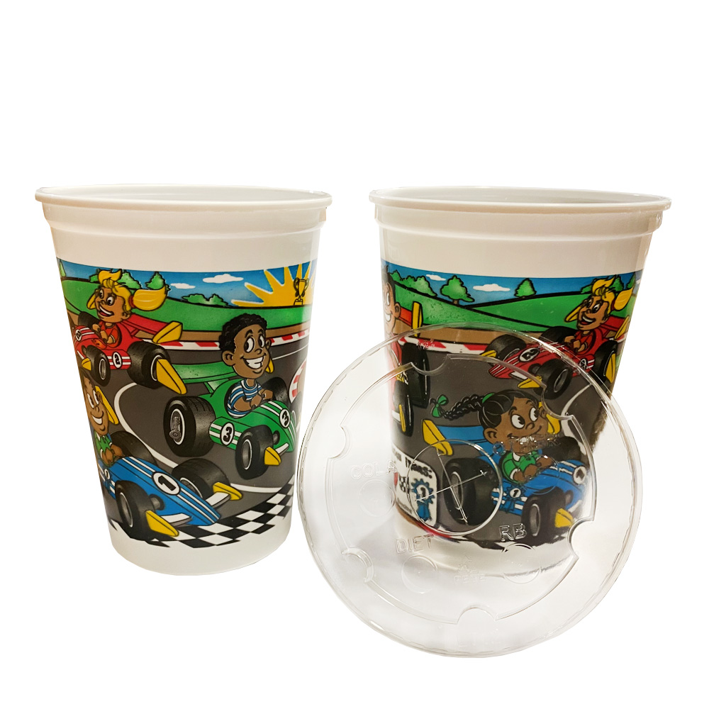 VK2CARS Printed 12 oz. Plastic Kids Cup & Lid Combo 500/cs - VK2CARS 12z KIDS CUP AND LID