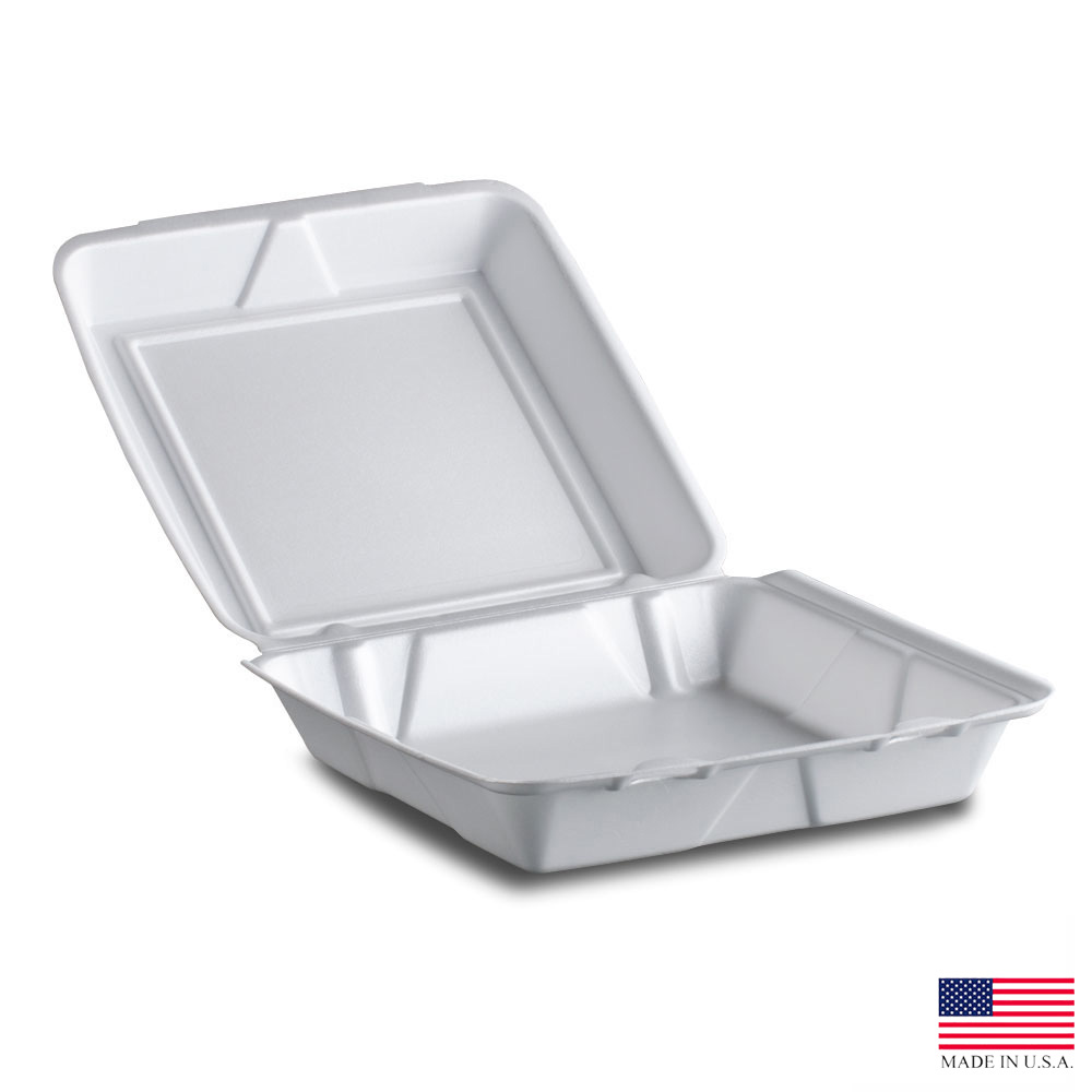 95HT1R White 9.5"x9"x3" Foam Hinged Container 2/100 cs - 95HT1R LG 1CMP FOAM HINGE CONT