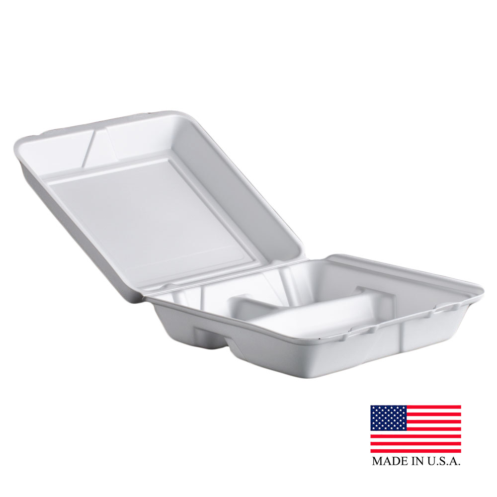 95HT3R White 9.5"x9.3"x3.0" 3 Compartment Foam  Hinged Container 2/100 cs - 95HT3R LG 3CMP FOAM HING CONT