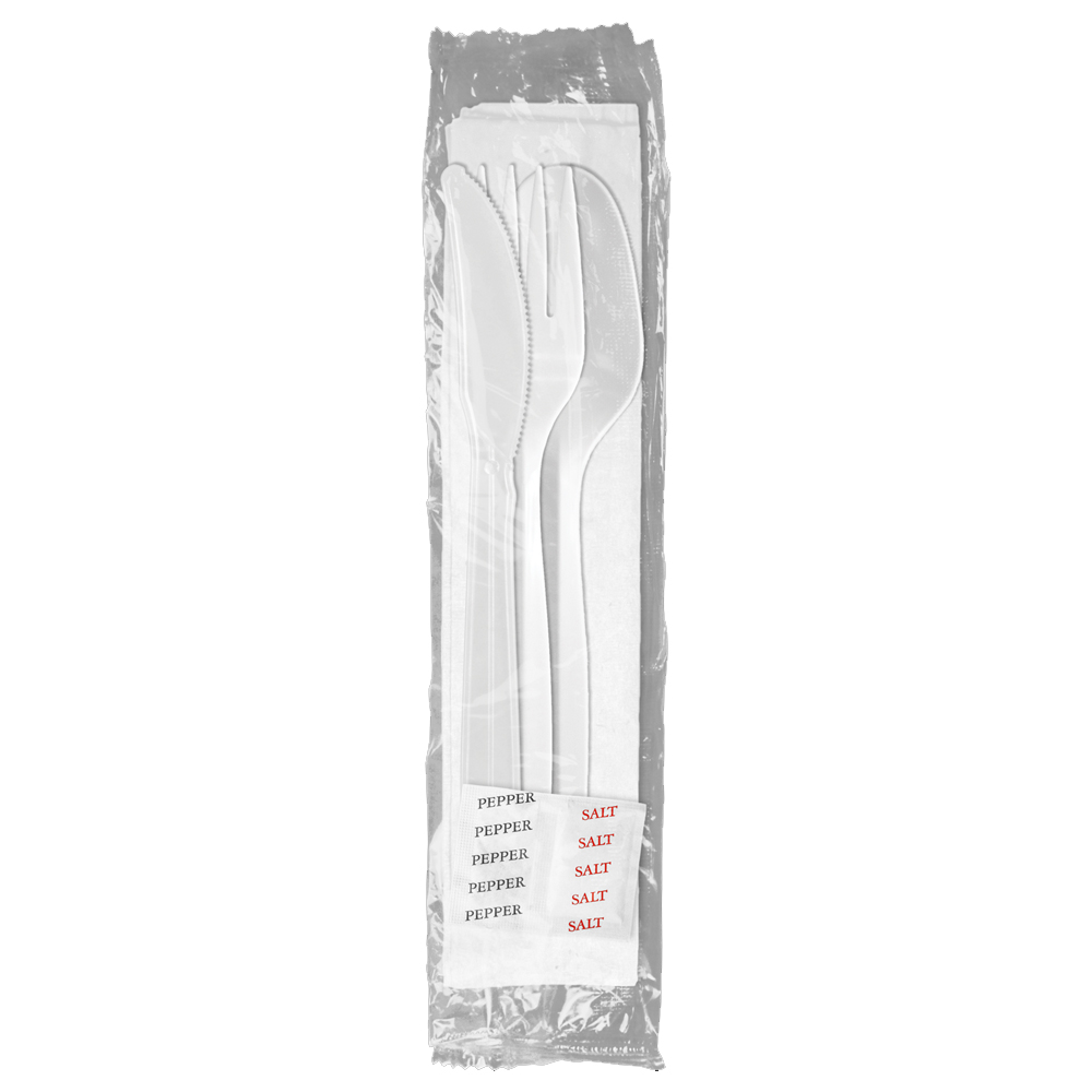 1171241 Medium Weight Fork, Knife, Teaspoon, Napkin Salt & Pepper Packets Meal K