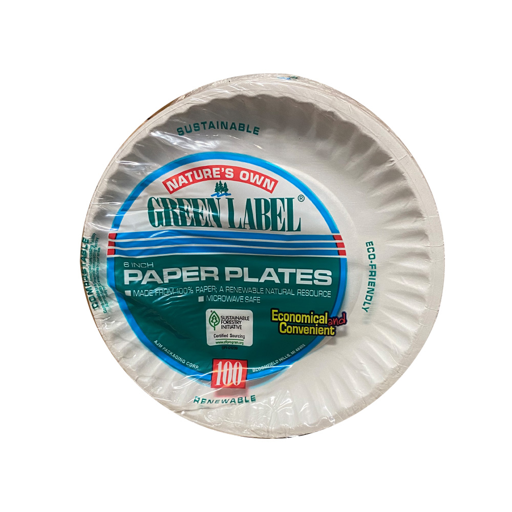 PP6GREWH Nature's Own White 6" Uncoated Paper Plate 10/100 cs - PP6GREWH 6" GRN LBL UNCTD PPLT