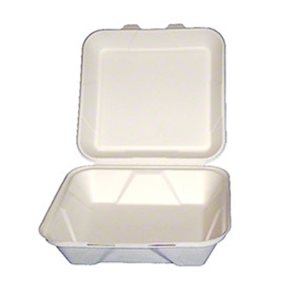 TW-BOO-011 Evolution White 9"x9"x3" Square Bagasse Hinged Container 4/75 cs - TW-BOO-011 9X9X3 WHT BGSE BOX