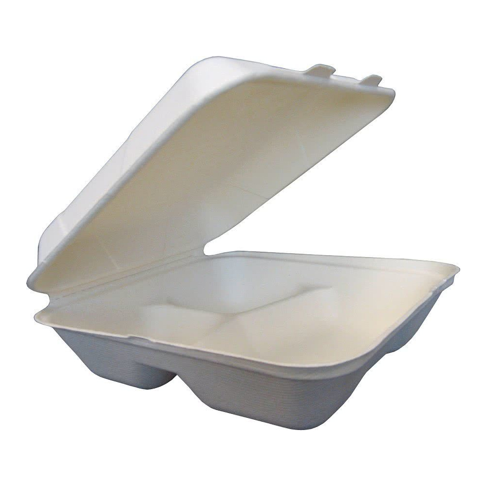 TW-BOO-013 Evolution White 9"x9"x3" Square Bagasse 3 Compartment Hinged Container 4/75 cs - TW-BOO-013 WHT 9X9X3 3C BGSEBX