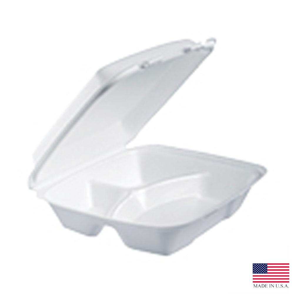 90HT3R White 9.4"x9"x3" 3 Compartment Foam Hinged Container 200/cs - 90HT3R 9" 3 CMP FM HING CONT