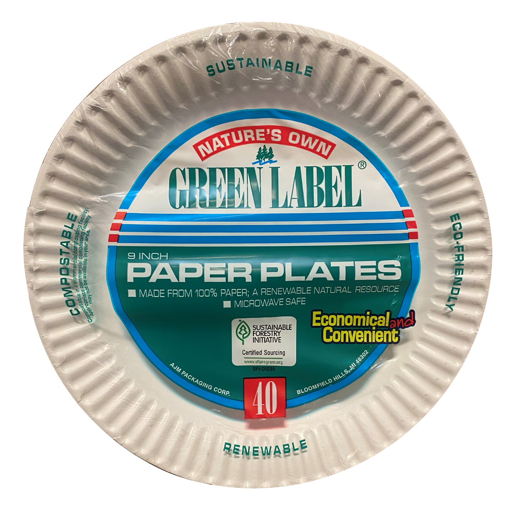 PP9GRJHW Nature's Own White 9" Uncoated Paper Plate 24/40 cs - PP9GRJWH 9" GRN LBL UNCTD PPLT