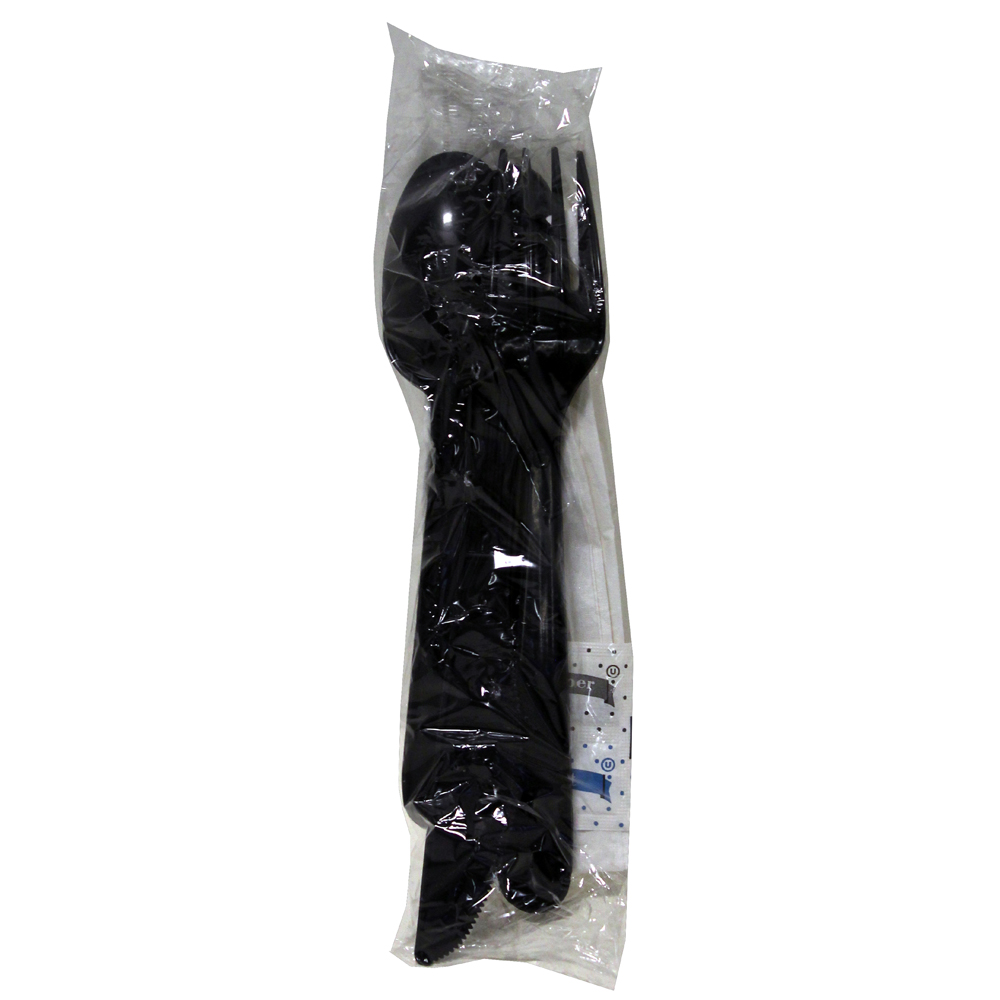 414042 Wrapped Fork, Knife, Teaspoon, S&P, Napkin Meal Kit Black Heavy Polypropylene 250/cs