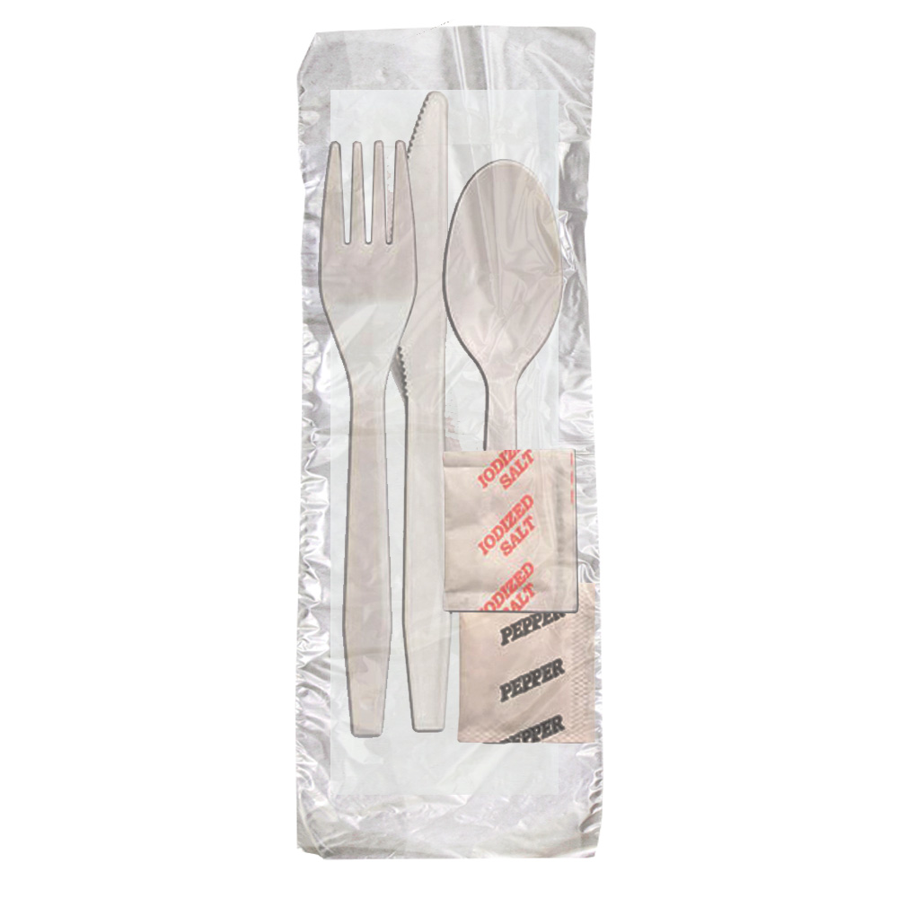 414023 Wrapped Fork, Knife, Spoon, Napkin, Salt & Pepper Packet Meal Kit White Polystyrene 250/ - 414023 WH6/1 MWPP F,K,T,NK S&P