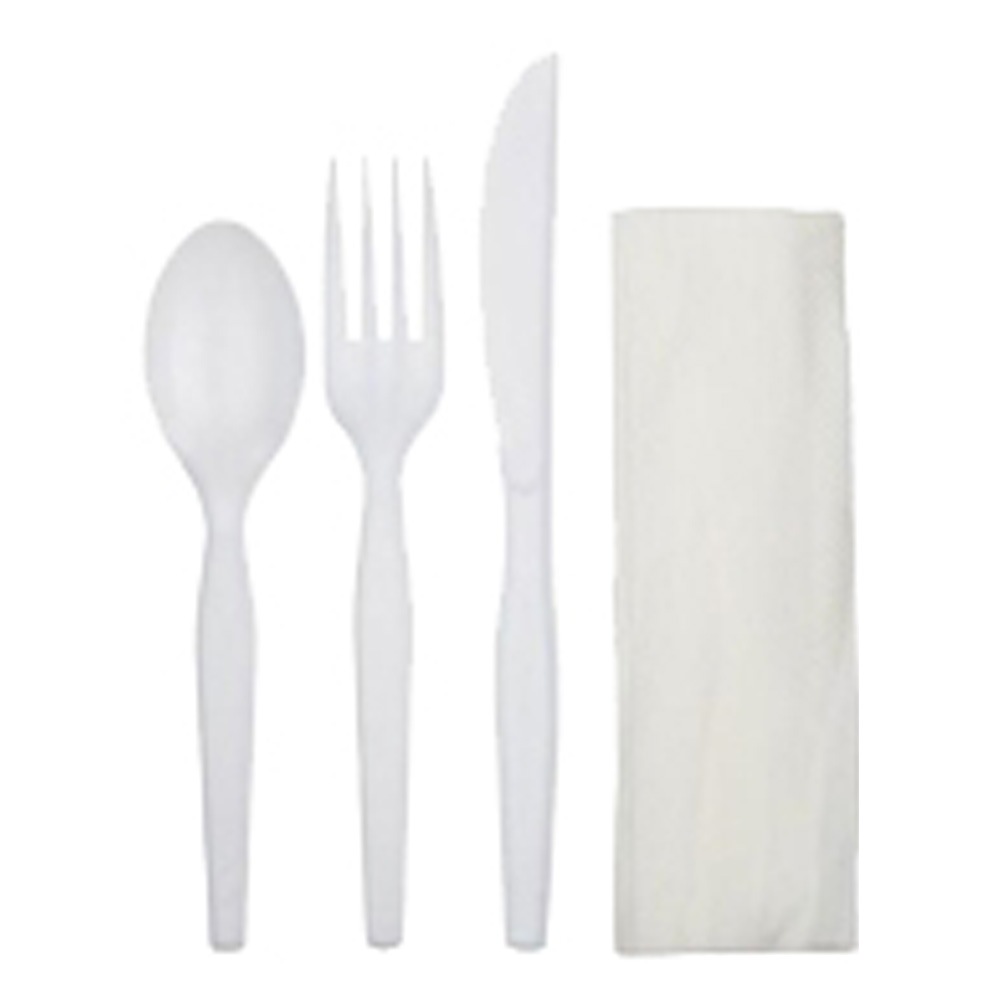 414024 Elite Wrapped Fork, Knife, Teaspoon & Napkin Meal Kit White Polystyrene 250/cs - 414024 4pc WH MED F,K,T,N KIT