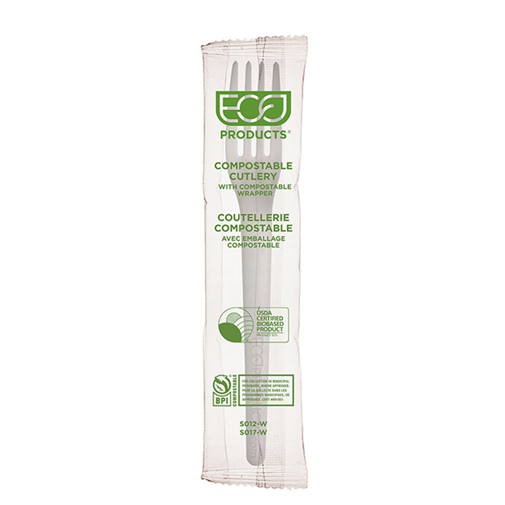 EP-S012-W Plantware Wrapped 6" Fork White High Heat Compostable 1000/cs - EP-S012-W 6" INDWRP CMPST FORK