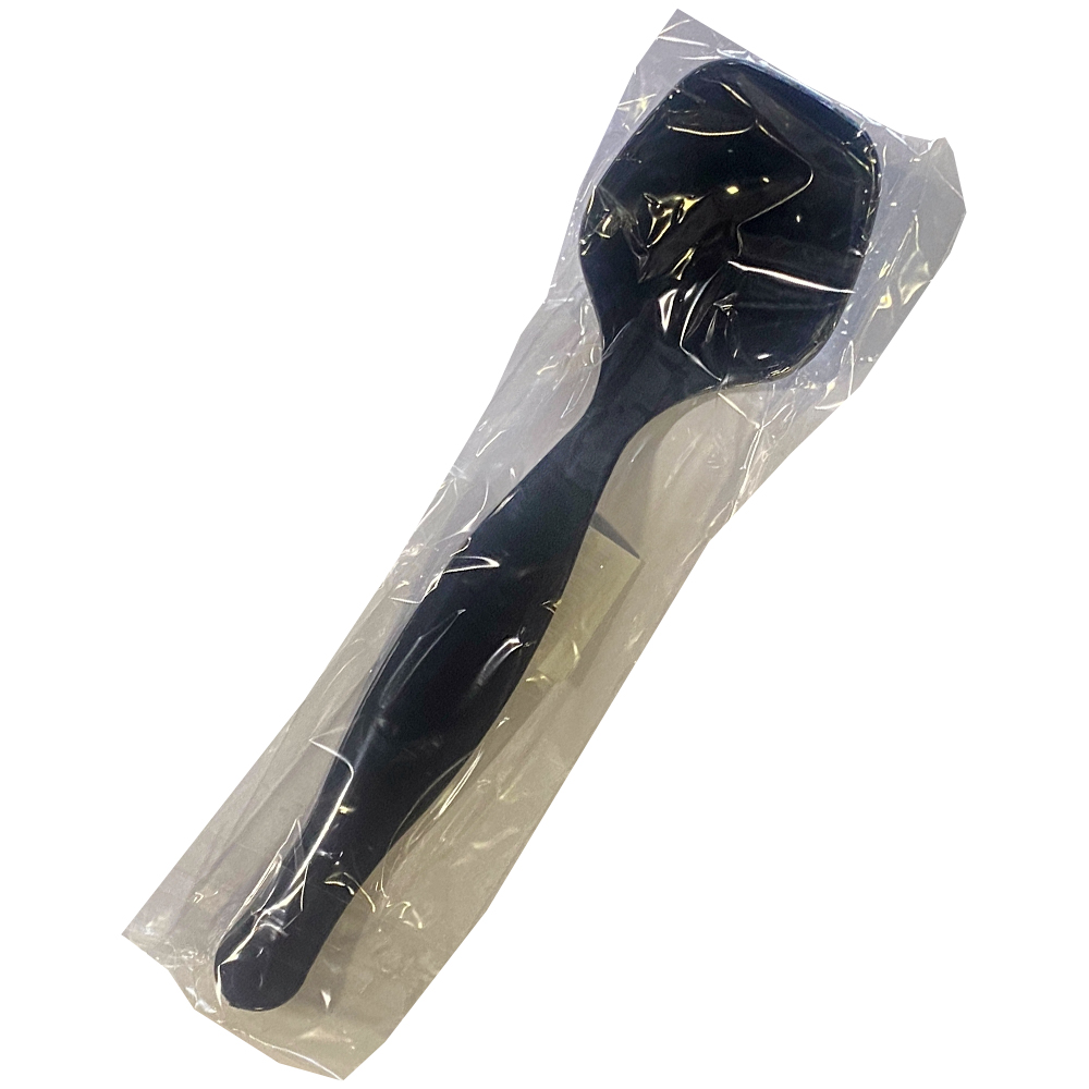 3302-BK Wrapped Platter Pleasers Black 8.5" Plastic Serving Spoon 144/cs - 3302-BK BLK 8.5" SERV SPON WRP