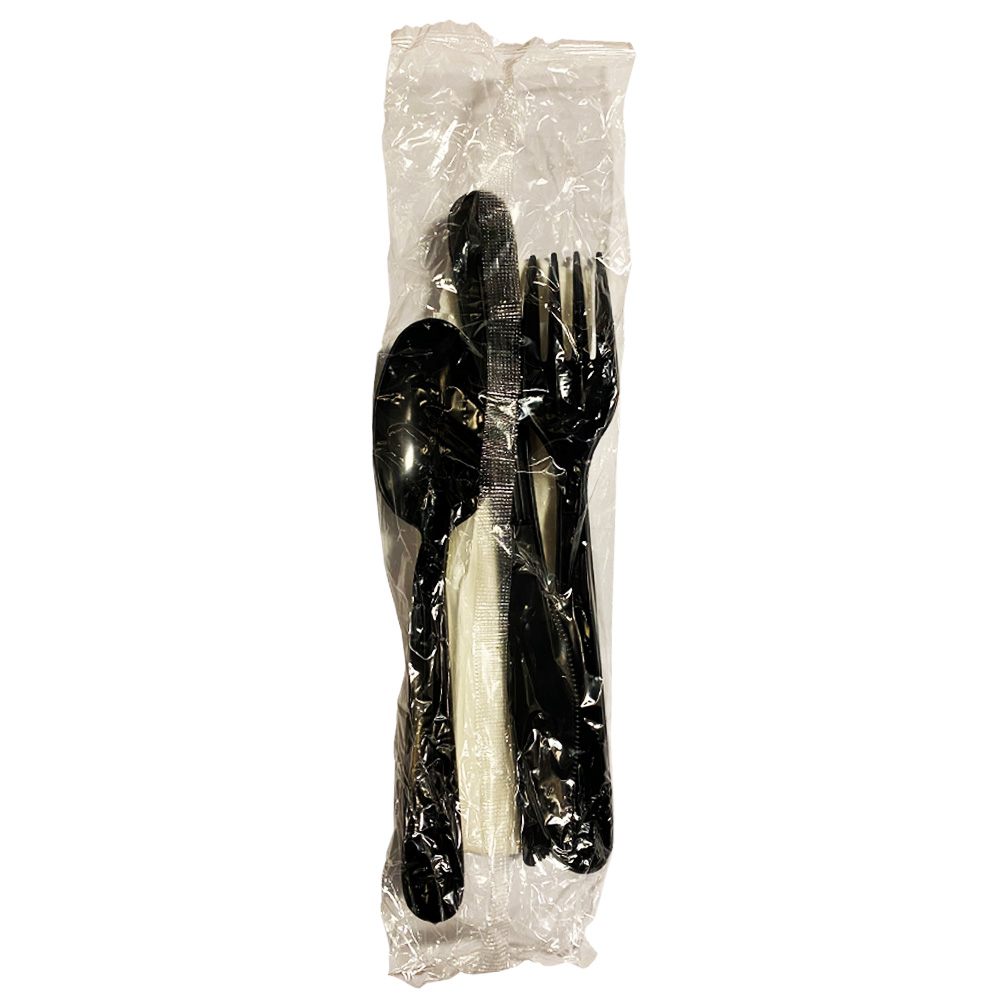 414339/HFKT2NBK Wrapped Fork, Knife, Spoon, Napkin Meal Kit Black Polystyrene 250/cs - 414339/HFKT2NBK BLK FKT/2PLNAP