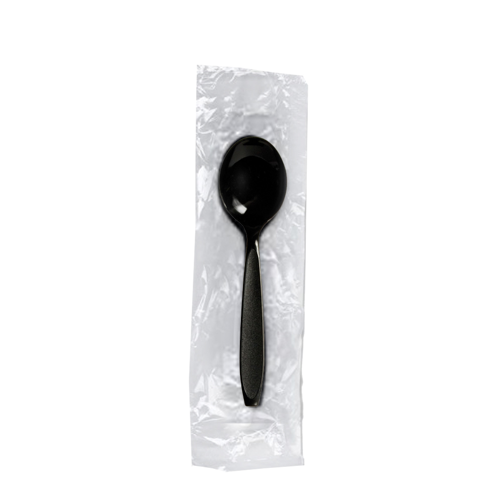 RSK4 Wrapped Soup Spoon Black Medium Polystyrene 1000/cs - RSK4 BLACK MED PS WRPD SOUPSPN
