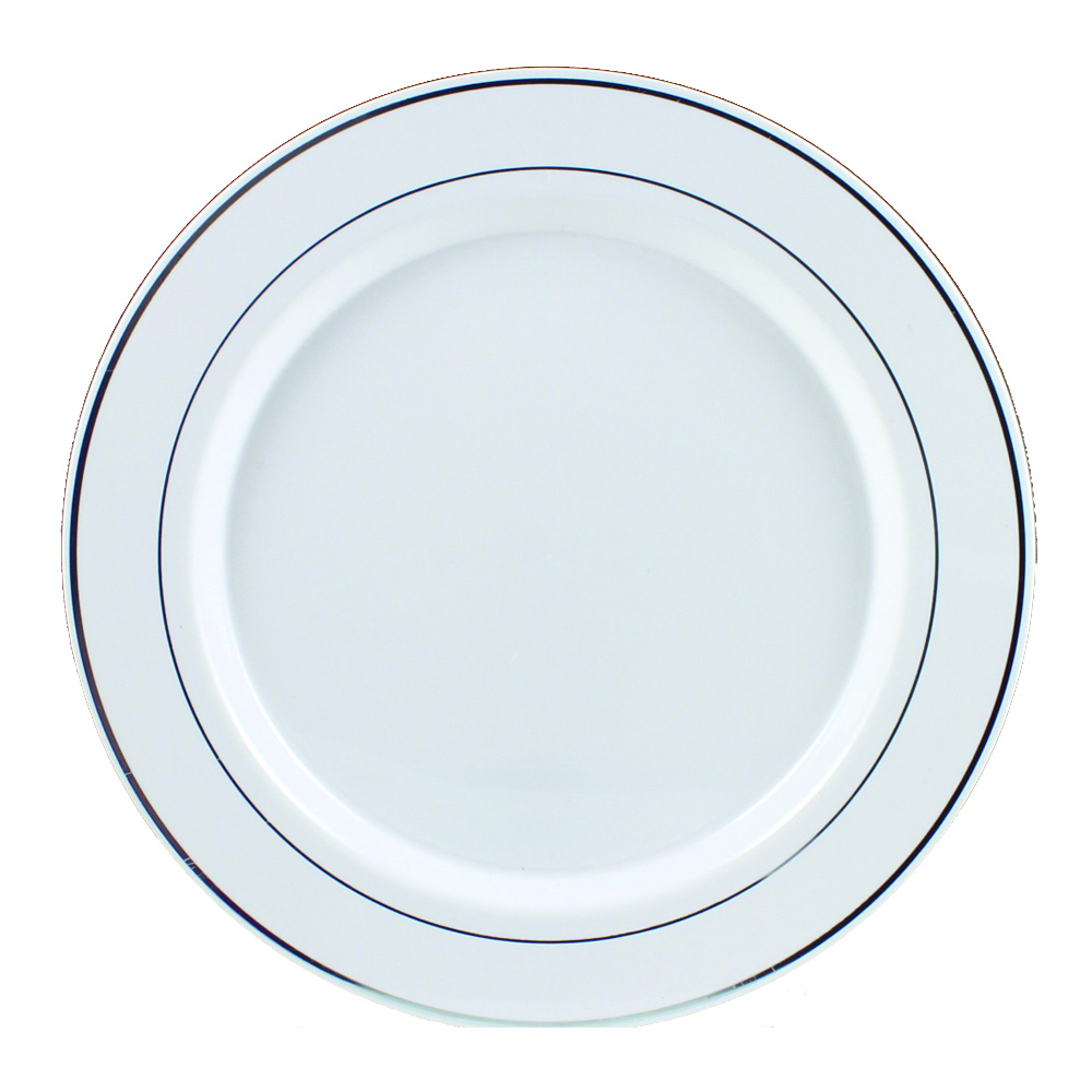 R20090SVR Regal White 9" Plastic Plate w/Silver Trim 10/12 cs - R20090SVR 9"WHT REG SLTR PLT