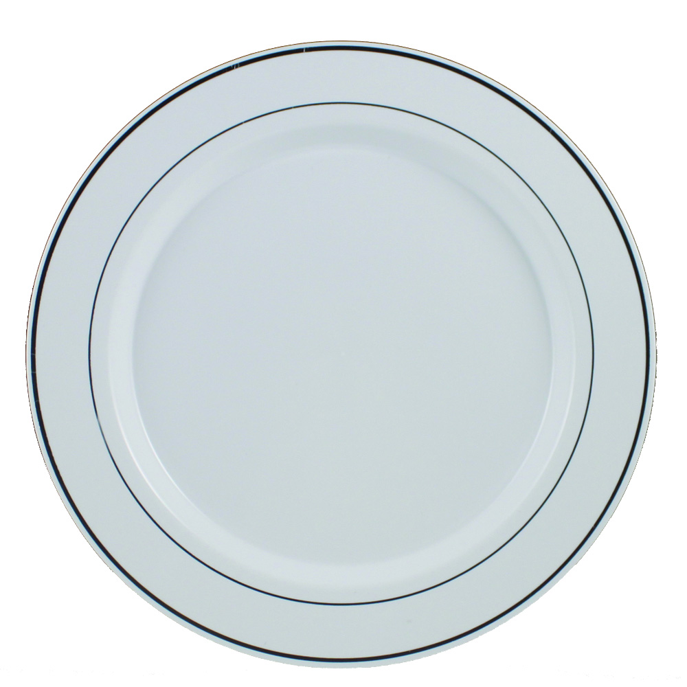 R20125SVR Regal White 10.25" Plastic Plate w/Silver Trim 10/12 cs - R20125SVR 10.25"WHT RGL SLVtrm