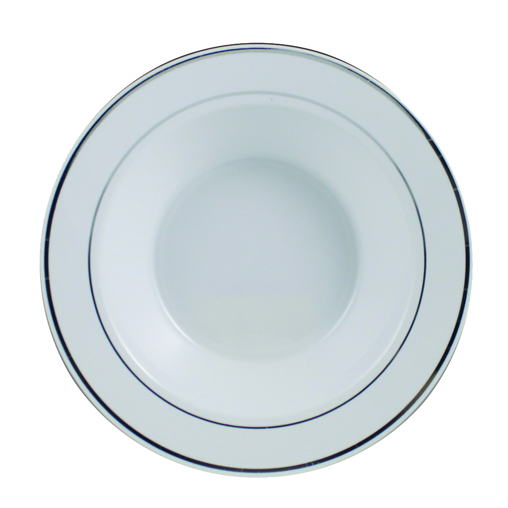 R20012SVR Regal White 12 oz.  Plastic Bowl w/Silver Trim 10/12 cs - R20012SVR 12z WHT SLVR BOWL