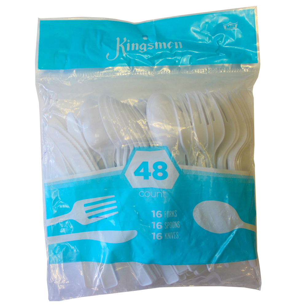 P2224 Kingsmen Polybag Assorted Fork, Knife, Spoon Combo White Polypropylene 24/48 cs - P2224 WHT KINGSMAN AST CUTLERY