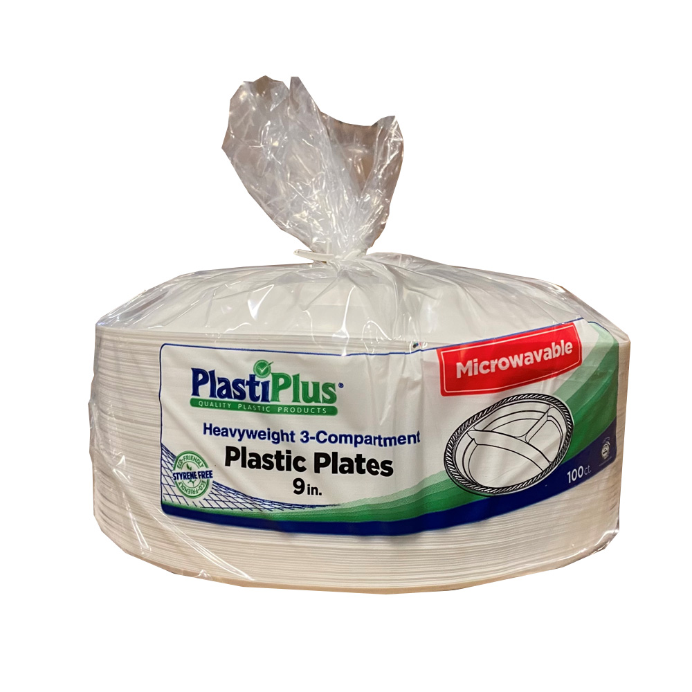 PPP93C Plasti Plus White 9" 3 Compartment Plastic Plate 4/100 cs - PPP93C 9"WH 3CMPT PLSTPLUS PLT
