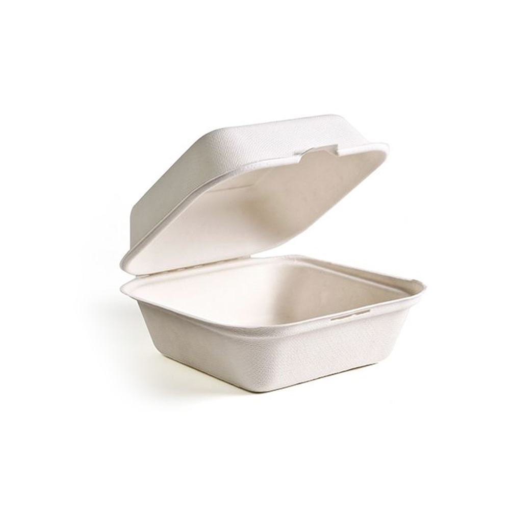 PF-EV-B066 Evolution White 6"x6"x3" Hinged  Bagasse Box 4/100 cs - PF-EV-B066 EVO 663 BURGER BOX