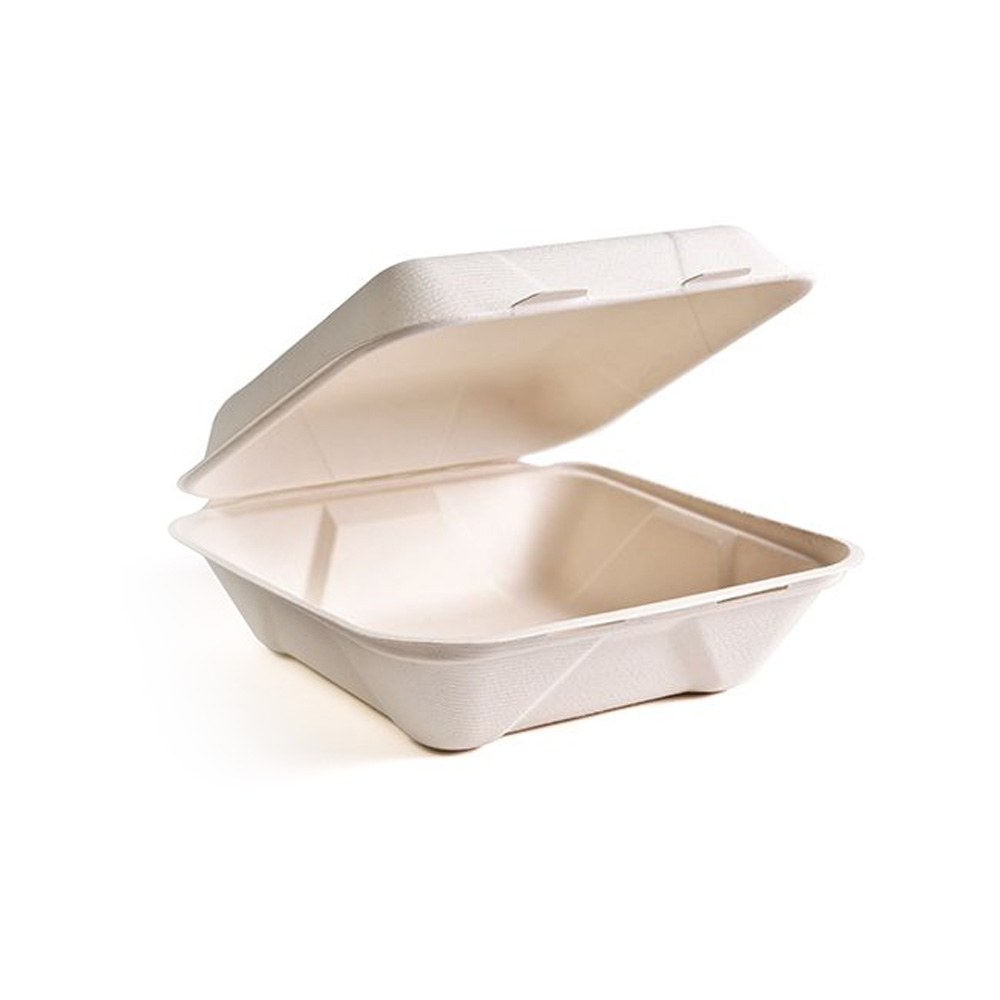 PF-EV-B088 Evolution White 8"x8"x3" Hinged Bagasse Box 4/75 cs - PF-EV-B088 EVO 8X8X3 HNGD BOX