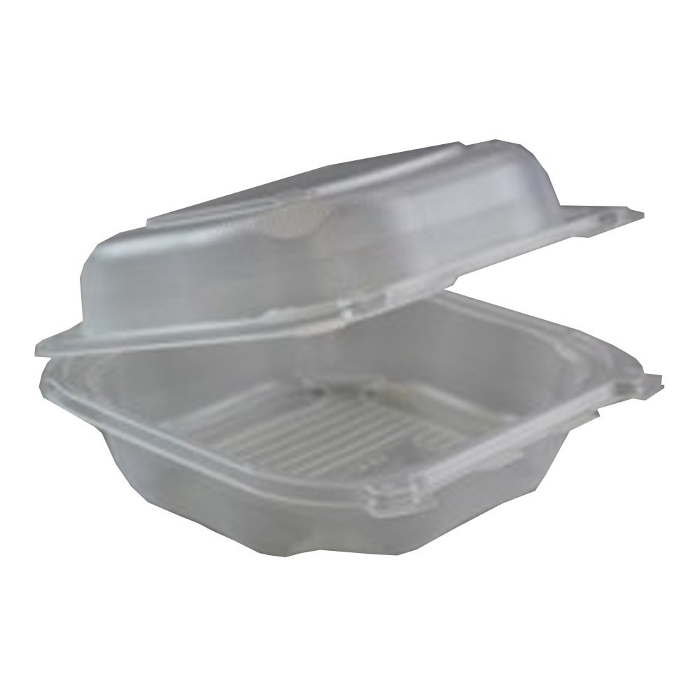 CLX200-CL Clear 8"x8"x3" Square Plastic Clover Hinged Container 2/75 cs