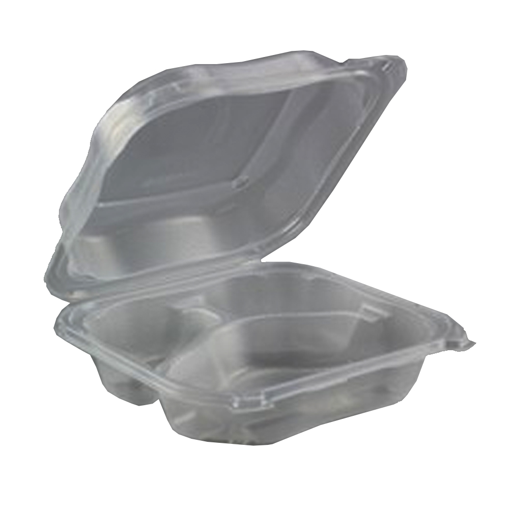 CLX203-CL Clear 8"x8"x3" Square Plastic 3 Compartment Clover Hinged Container 2/75 cs