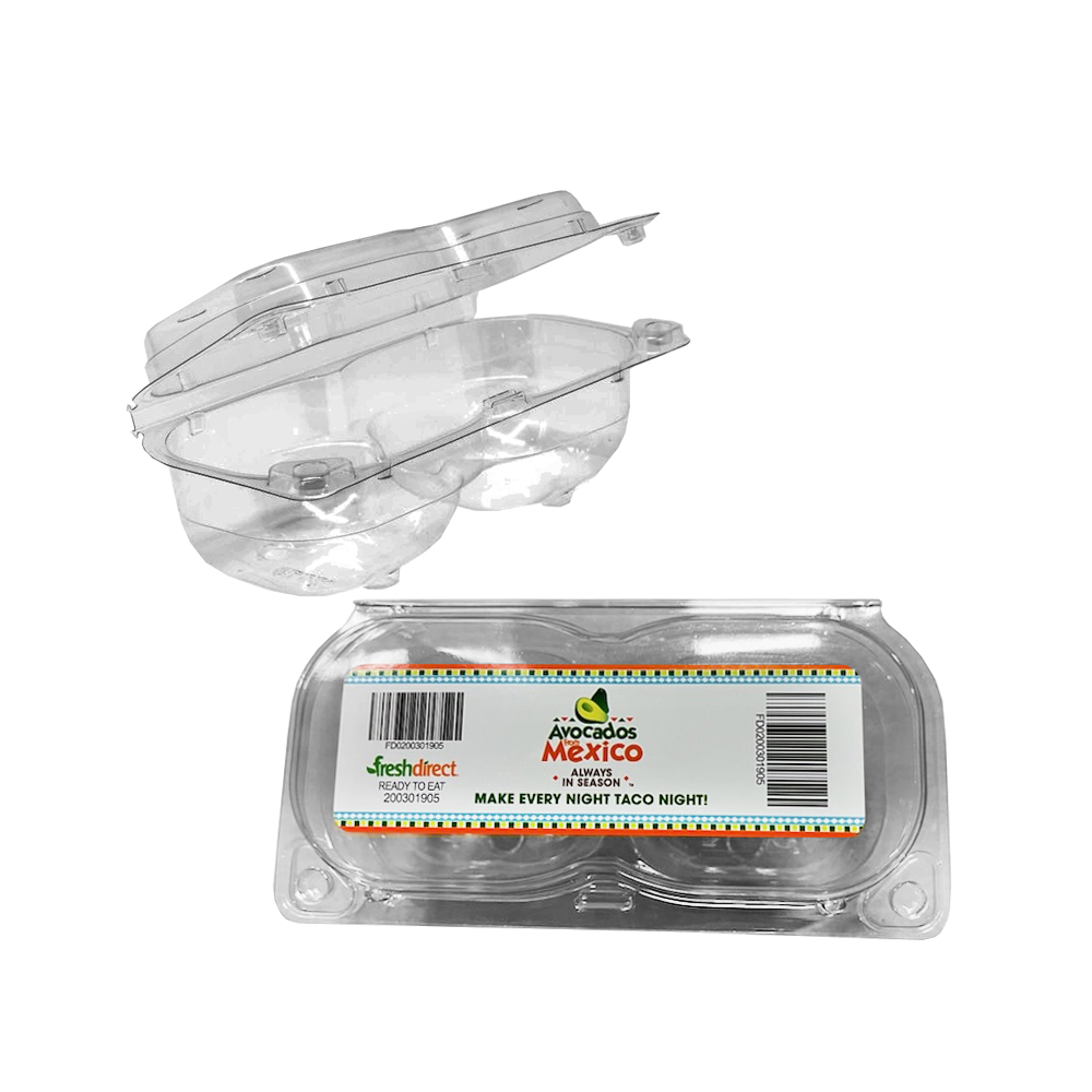 RPM255TB Clear 7"x3.5"x3" PET 2 Compartment Hinged Clamshell Container w/Label 600/cs