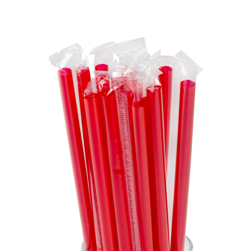 R0584 Wrapped 7.75" Red Jumbo Straws Polybag 24/500 cs