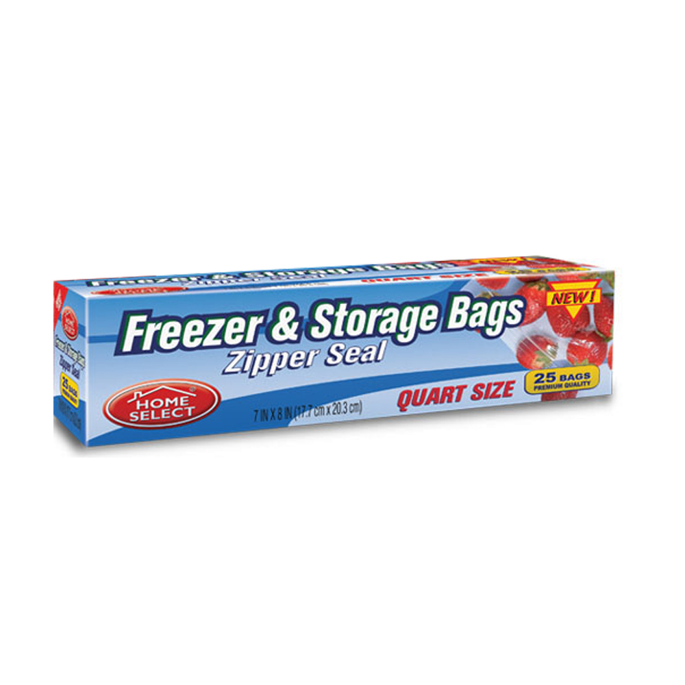 6077-24 Home Select Freezer/Storage Bag 7"x8"  1 Qt. Clear Plastic  w/Zipper Seal 24/25 cs - 6077-24 QT ZIP FREZER STOR BAG