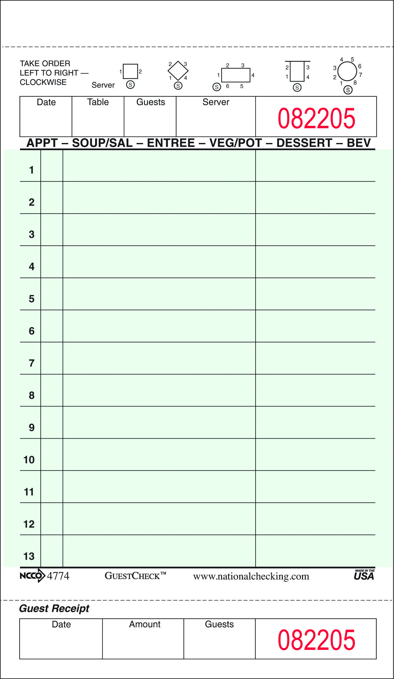 G4774SP Green 1 Part 13 Line Board Paper Guest Checks 5/10 cs