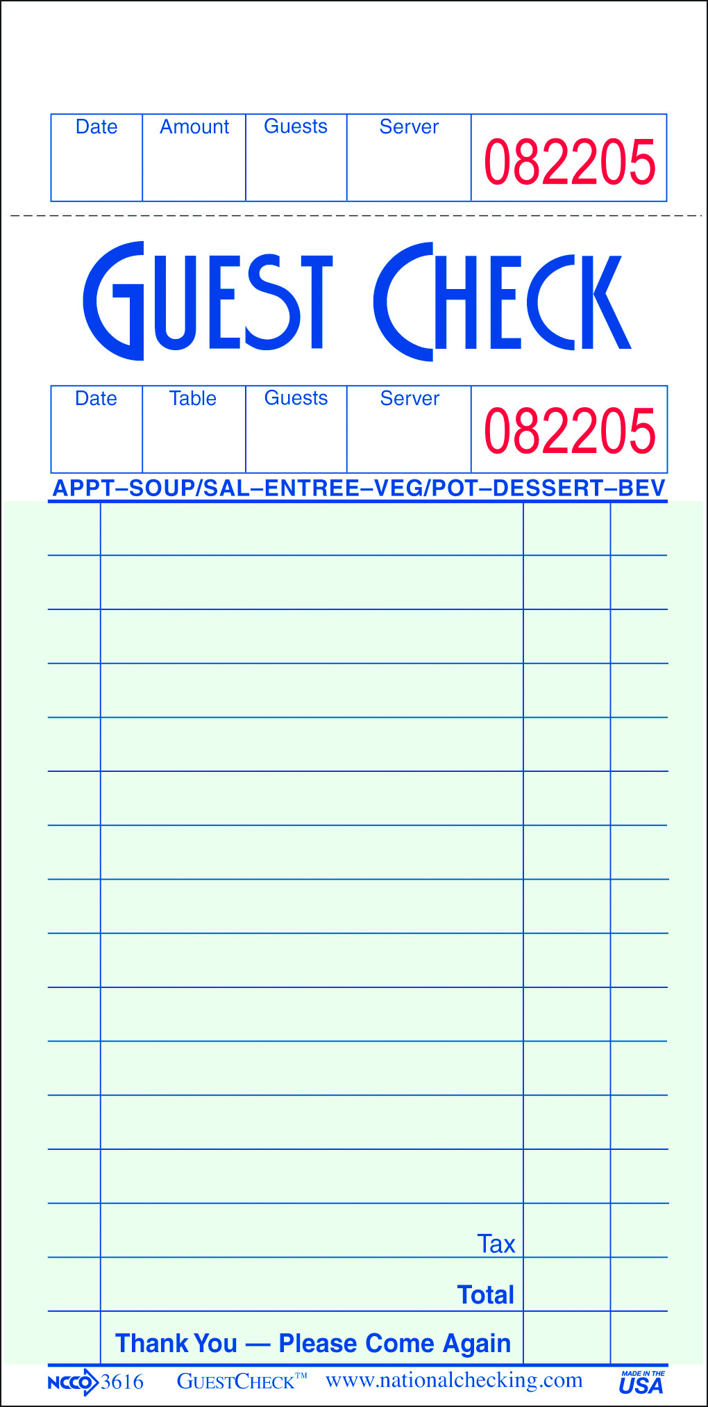 G3616 Green 1 Part 16 Line No Carbon Paper Guest Checks 50/100 cs