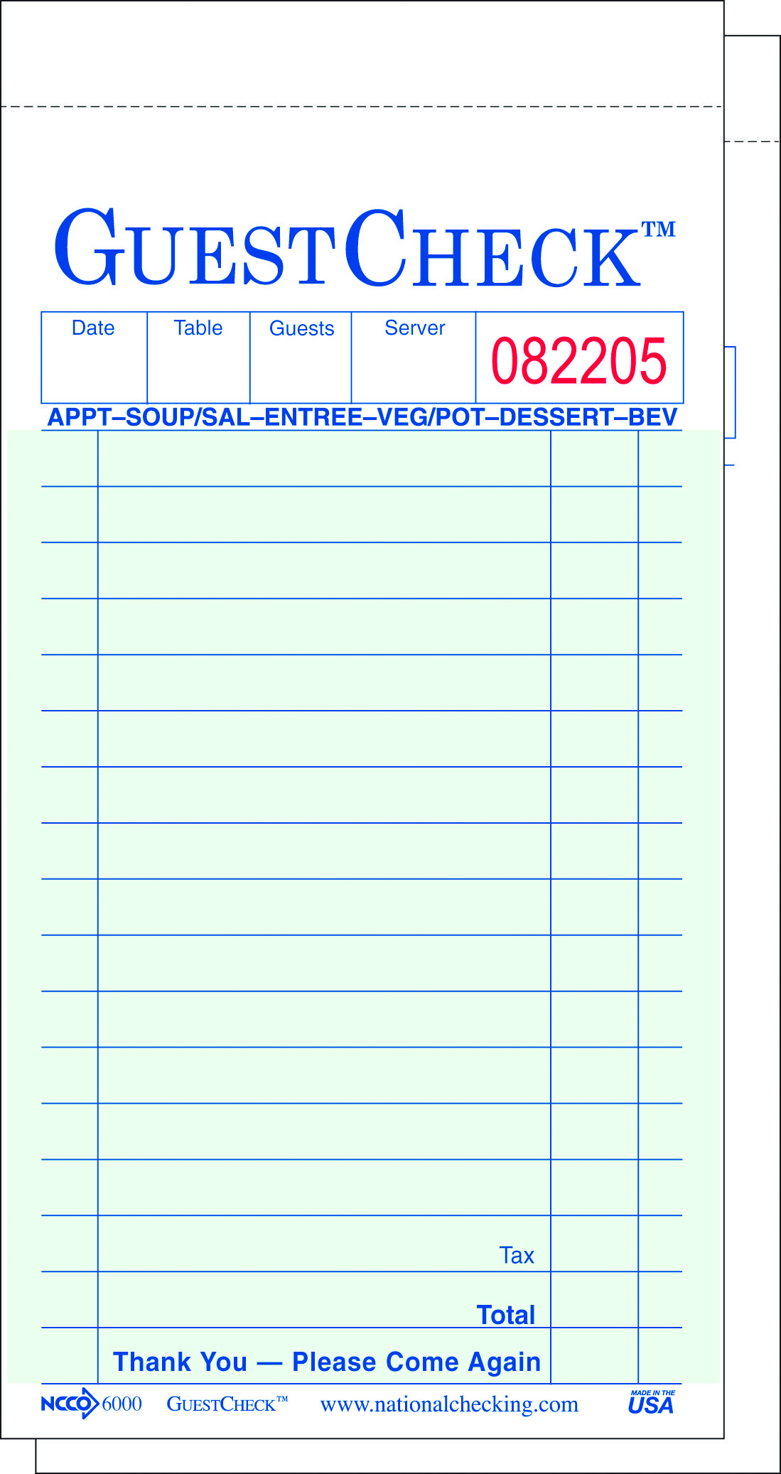 G6000 Green 2 Part 17 Line Carbon Paper Guest Checks 50/50 cs