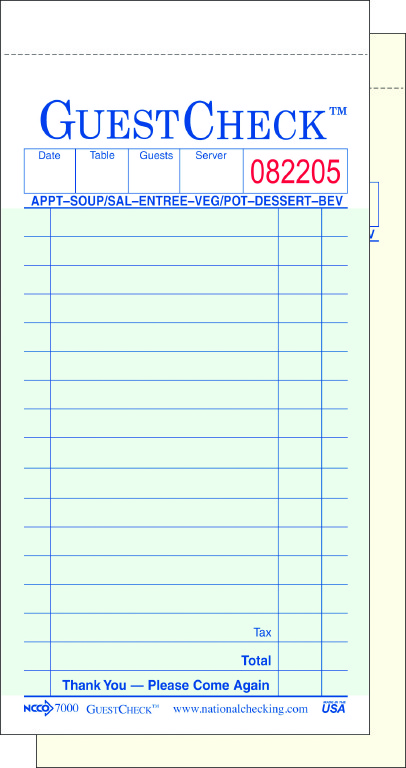 G7000 Green 2 Part 17 Line No Carbon Paper Guest Checks 50/50 cs - G7000 GUESTCK NOCARB 2P GR 17L