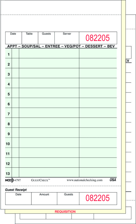 G4797-3SP Green 3 Part  13 Line No Carbon Paper Guest Checks 8/250 cs - G4797-3SP GST/CK NCAR 3P GR 13